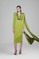 Front Pencil Scarf Neck Cotton Silk Midi Dress for women, from White Plan, teh Viet Concept