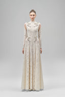 Cream Celestine A-line Cold Shoulder Sleeved Lace Floor Length Dress for women, from Maison Des Copains, The Viet Concept