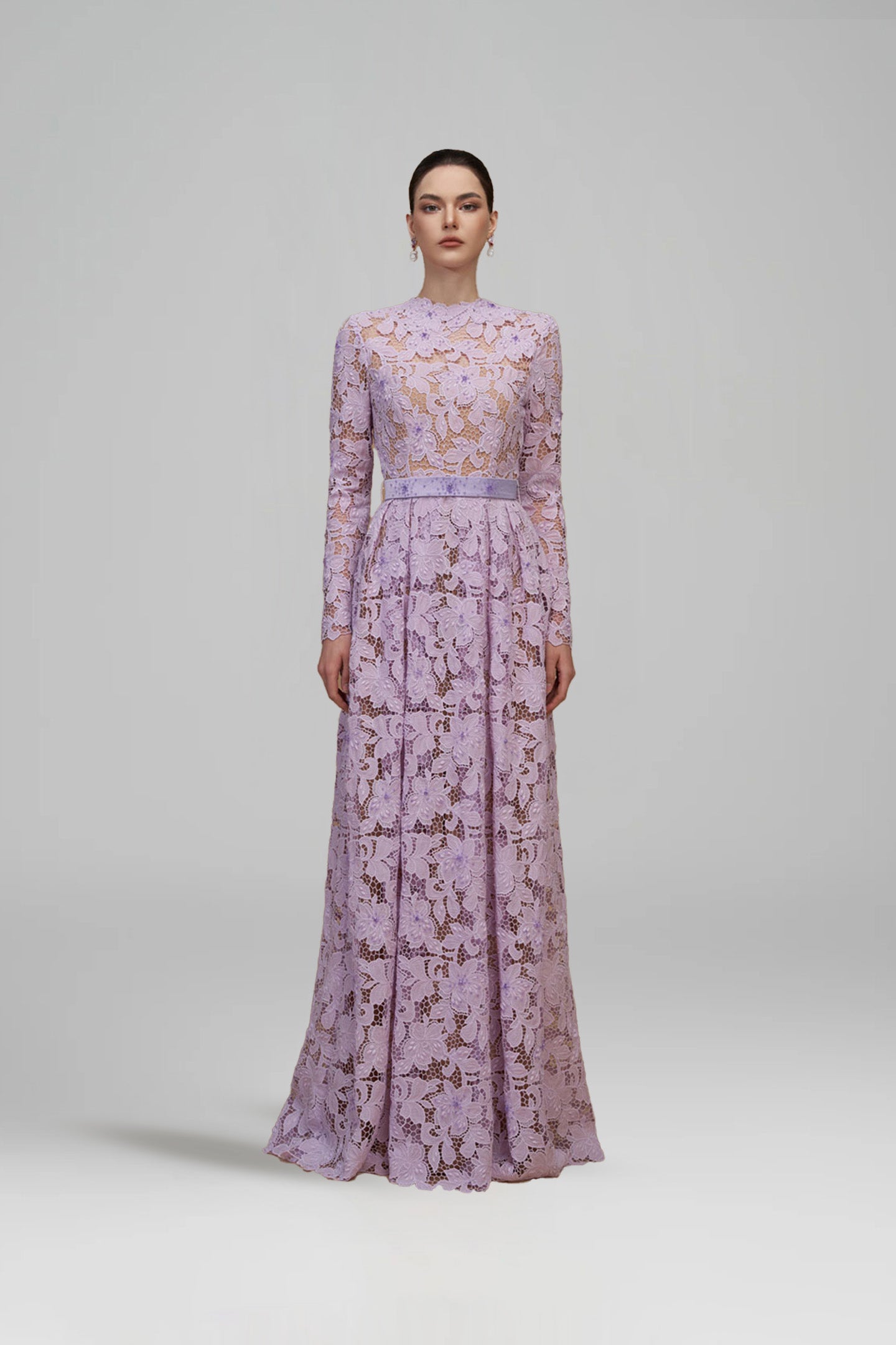 IHF ATELIER A-Line Light Purple Tulip Guipure Lace Long Sleeve Gown Evening Dress Purple / XS IHF ATELIER A-Line Light Purple Tulip Guipure Lace Long Sleeve Gown Evening Dress Purple / XS