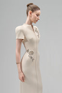 MAISON DES COPAINS • Cream Elysia Sheath Mandarin Collar Crepe Calf Length Dress