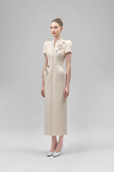 MAISON DES COPAINS • Cream Elysia Sheath Mandarin Collar Crepe Calf Length Dress