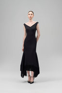 MAISON DES COPAINS • Black Amarae Mermaid V-Neck Crepe Calf Length Dress