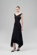 MAISON DES COPAINS • Black Amarae Mermaid V-Neck Crepe Calf Length Dress