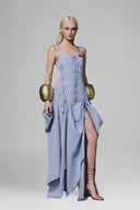 Blue Tie-up Split Maxi Dress for women, from Keira Tong, The Viet Concept