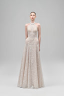 Cream Aurelia A-line Halter Neck Lace Floor Length Dress for women, from Maison Des Copains, The Viet Concept