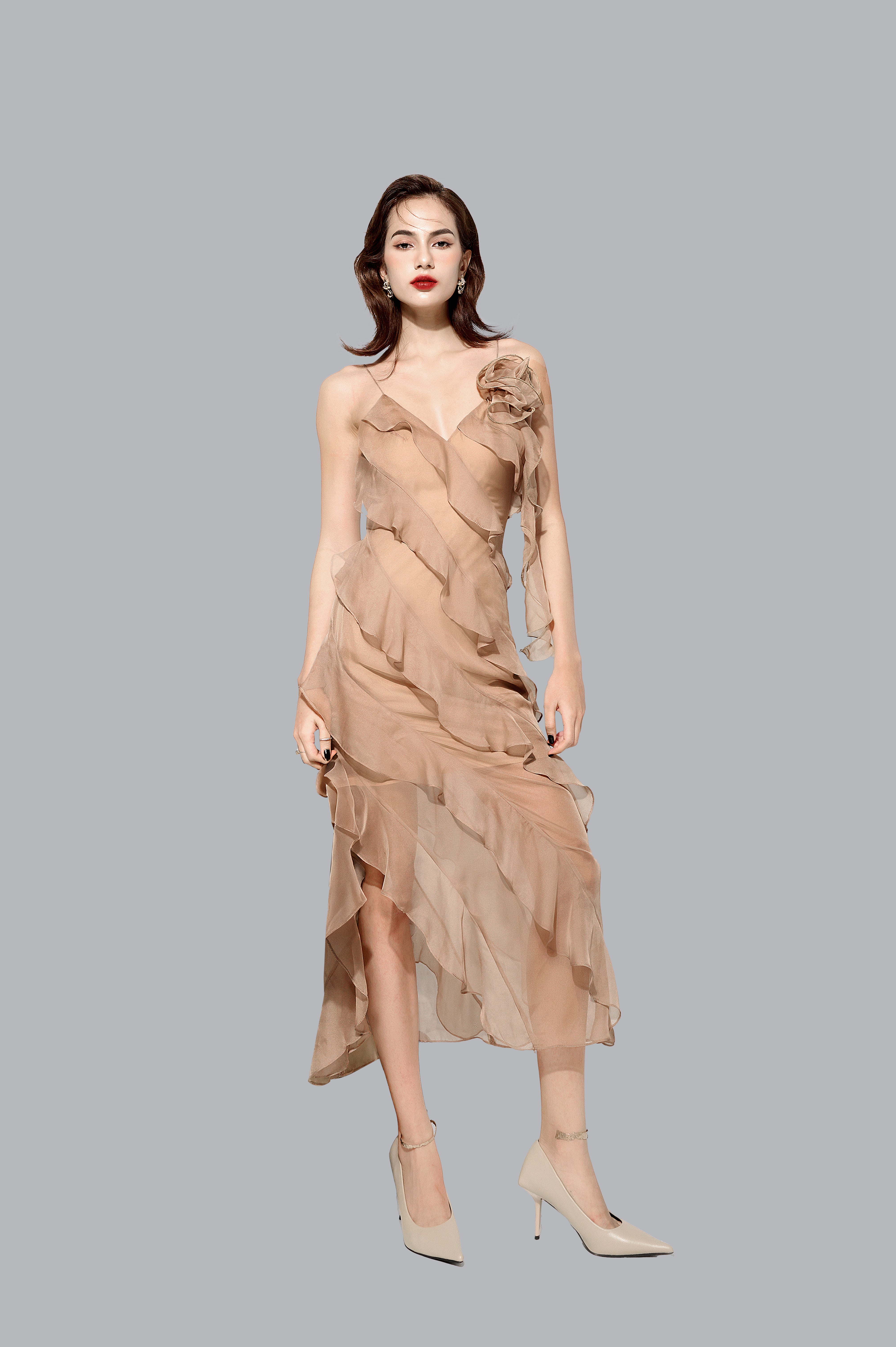 MUST HAVE • Beige Chiffon Ruffle Midi Dress S / Beige / Chiffon