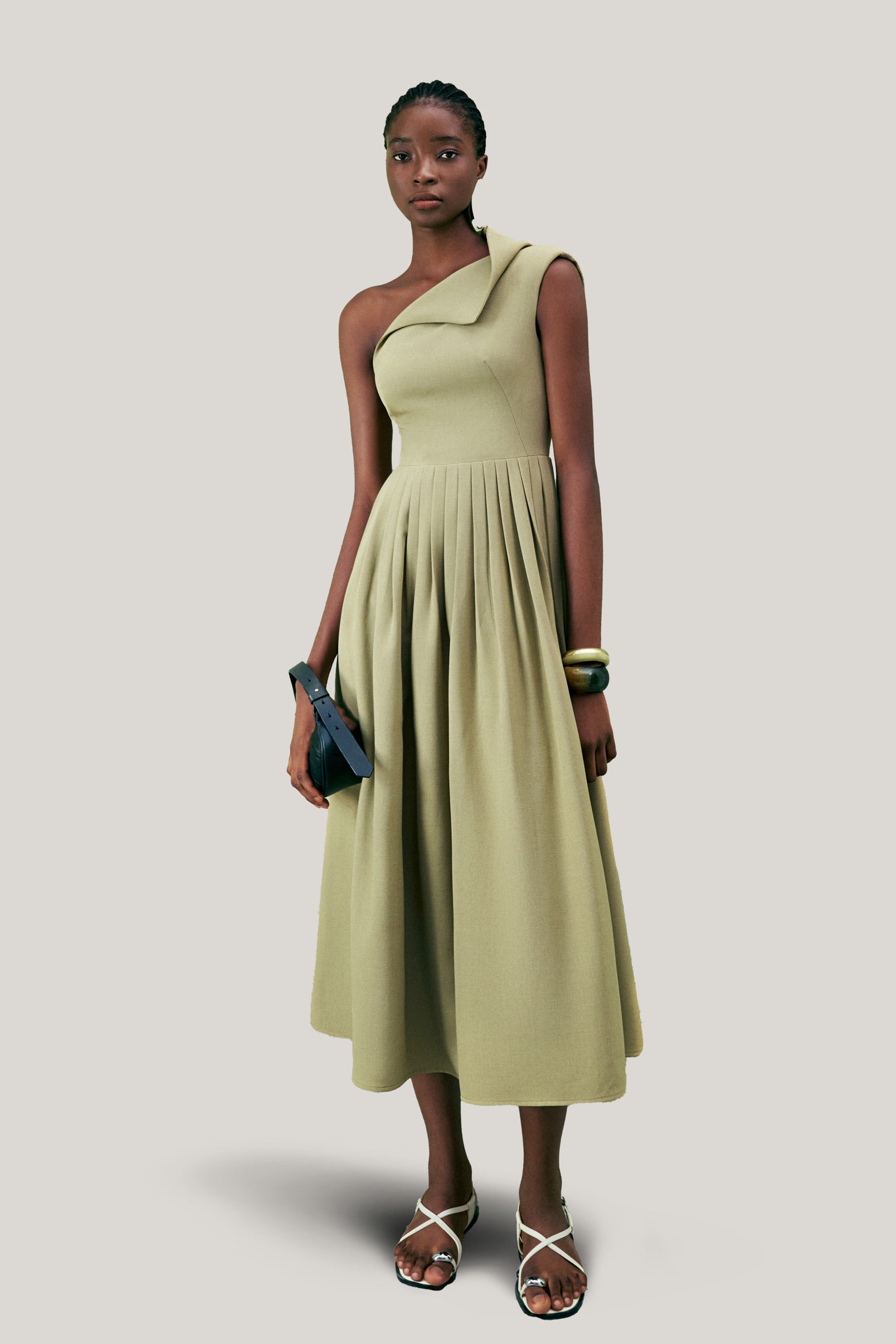 LECIA • Olive Crossandra A-line Waist Pleated Twill Midi Dress
