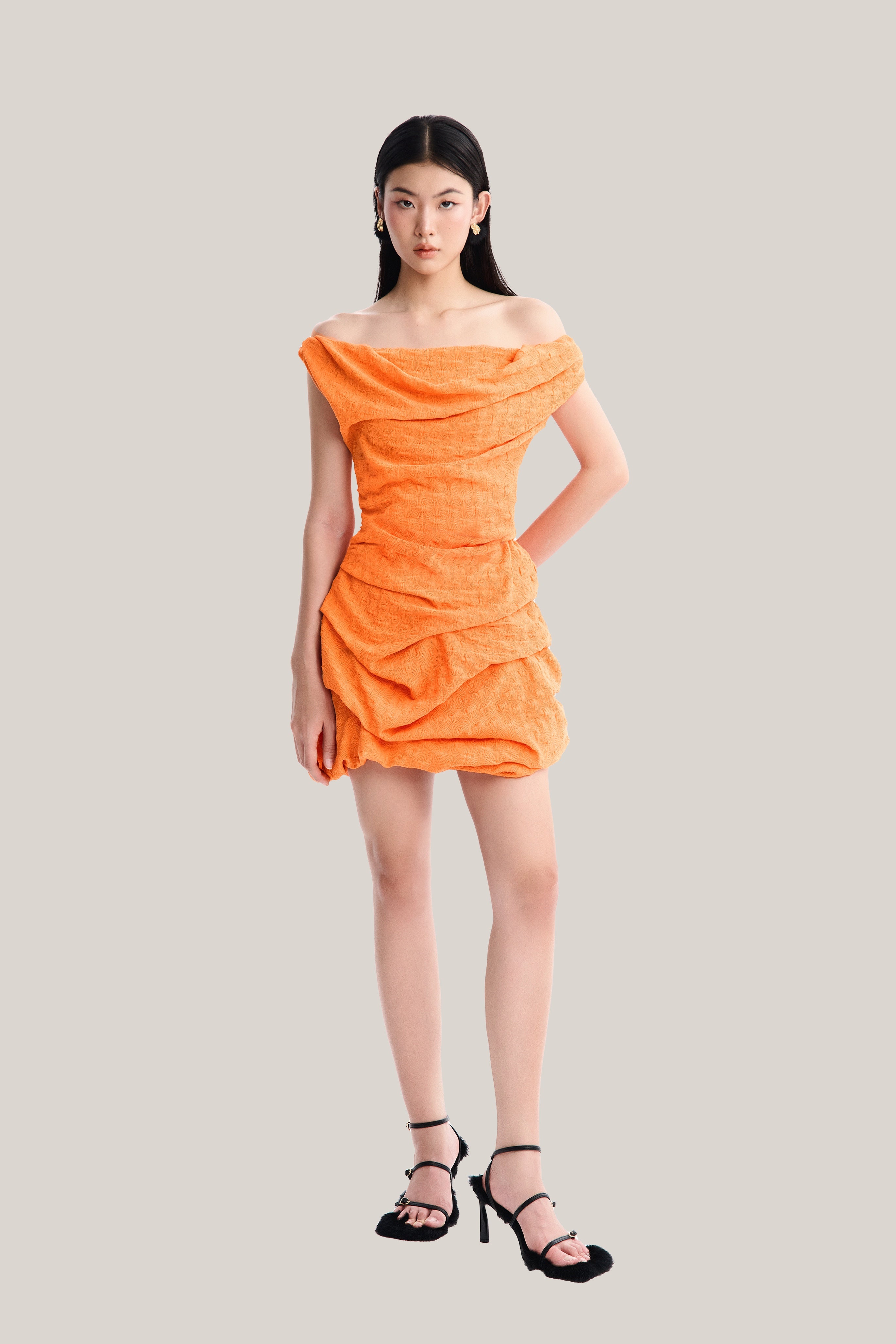 off shoulder draped mini dress MUST HAVE • Pumpkin Off-shoulder Orange / M Color:Berry* 95% polyester Long Flowy Black Advanced modest neckline