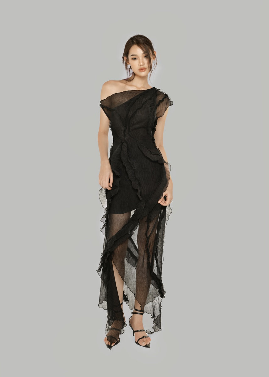 Shop One-shoulder Black Sheer Dress at The Viet Concept