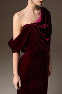 IHF ATELIER • Dark red Velvet One-Shoulder Draped Column Gown