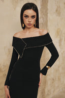 L' SCARLETT • Draped Off-Shoulder Crystal Beaded Crepe Maxi Dress