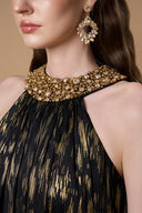 Round Neck A-line Gown With Crystal Collar In Black Metallic Striped Chiffon for women, from IHF ATELIER, The Viet Concept 