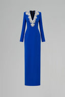 Cobalt Blue V-Neck Embroidered Column Evening Gown Long Sleeve Luxury for women, from IHF ATELIER, The Viet Concept 