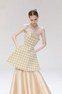 Moon Jar Gold Houndstooth Strapless Gown for women, from SORAMAME, The Viet Concept
