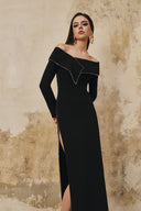L' SCARLETT • Draped Off-Shoulder Crystal Beaded Crepe Maxi Dress