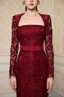 Crimson Trapeze Neck Crystal-Embellished French Lace Column Gown for women, from IHF ATELIER, The Viet Concept 