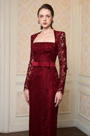Crimson Trapeze Neck Crystal-Embellished French Lace Column Gown for women, from IHF ATELIER, The Viet Concept 