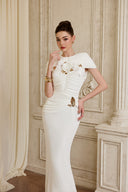 CALISTA • Ivelle White Draped 3D Rose Embellished Dress