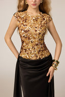 21SIX • Anara Silk Satin Gold Sequin Embellished Evening Gown