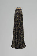Round Neck A-line Gown With Crystal Collar In Black Metallic Striped Chiffon for women, from IHF ATELIER, The Viet Concept 
