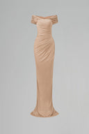 Champagne Gold Off-Shoulder Crystal Column Evening Gown for women, from IHF ATELIER, The Viet Concept