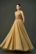EEGEN STUDIO • Champagne Beaded Waist Floor Length Dress