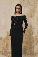 L' SCARLETT • Draped Off-Shoulder Crystal Beaded Crepe Maxi Dress