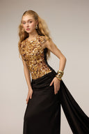 21SIX • Anara Silk Satin Gold Sequin Embellished Evening Gown