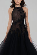 Black Fae Flared Halter Neck Midi Dress for women, from Huelley Rose, The Viet Concept