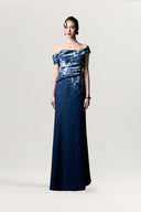 GVLUX • Éclat Marbré Off-Shoulder Denim Evening Gown