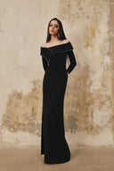 L' SCARLETT • Draped Off-Shoulder Crystal Beaded Crepe Maxi Dress
