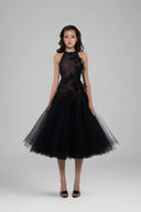 Black Fae Flared Halter Neck Midi Dress for women, from Huelley Rose, The Viet Concept
