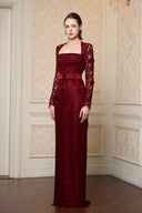 Crimson Trapeze Neck Crystal-Embellished French Lace Column Gown for women, from IHF ATELIER, The Viet Concept 