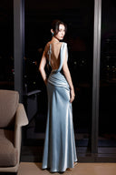 THÉSONG • Lumière De Soie Ice Blue Satin Column Gown