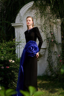 Column Gown with Sculpted Blue Rose Hip & Jewelled Neckline for women, from IHF ATELIER, The Viet Concept