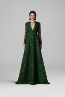 Emerald Green V-Neck A-Line Guipure Lace Long Sleeve Gown for women, from IHF ATELIER, The Viet Concept 
