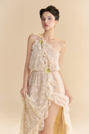 LINH PHUNG • Ivoria One-Shoulder Floral Lace Evening Gown with High Slit in Ivory