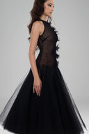 HUELLEY ROSE • Black Fae Flared Halter Neck Midi Dress