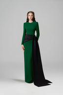 Emerald Noir Asymmetric Draped Column Gown in Crepe & Taffeta for women, from IHF ATELIER, The Viet Concept 