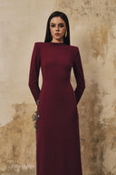 L' SCARLETT • Straight-Cut Crystal Floral Side-Slit Long-Sleeve Maxi Dress