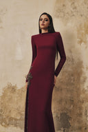 L' SCARLETT • Straight-Cut Crystal Floral Side-Slit Long-Sleeve Maxi Dress