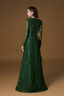 Emerald Green V-Neck A-Line Guipure Lace Long Sleeve Gown for women, from IHF ATELIER, The Viet Concept 