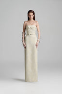 Lacquered Brocade Pearl Column Gown with Crystal Chain Sleeves for women, from IHF STUDIO, The Viet Concept 
