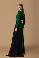 Emerald Noir Asymmetric Draped Column Gown in Crepe & Taffeta for women, from IHF ATELIER, The Viet Concept 
