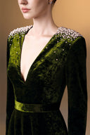 IHF ATELIER • Midnight Pearl Grain Velvet V-Neck A-Line Evening Gown