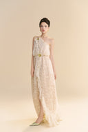 LINH PHUNG • Ivoria One-Shoulder Floral Lace Evening Gown with High Slit in Ivory