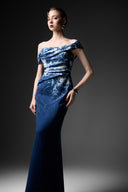 GVLUX • Éclat Marbré Off-Shoulder Denim Evening Gown