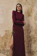 L' SCARLETT • Straight-Cut Crystal Floral Side-Slit Long-Sleeve Maxi Dress