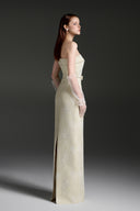 Lacquered Brocade Pearl Column Gown with Crystal Chain Sleeves for women, from IHF STUDIO, The Viet Concept 