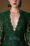 IHF ATELIER Emerald Green V-Neck A-Line Guipure Lace Long Sleeve Gown Green / XL IHF ATELIER Emerald Green V-Neck A-Line Guipure Lace Long Sleeve Gown Green / XL